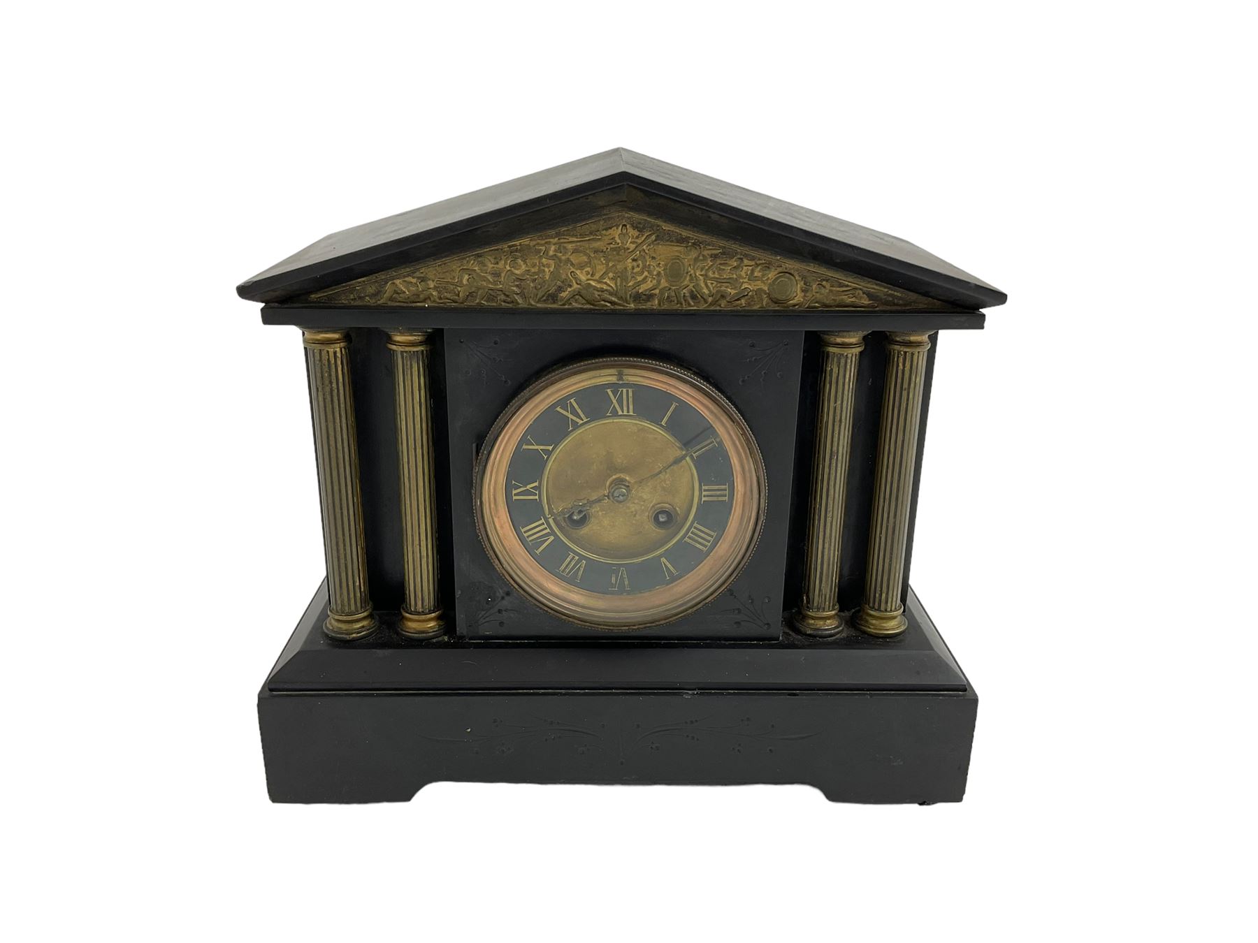 French slate mantle clock striking on a gong.