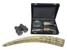 Horn handled magnifying glass and letter opener cased set