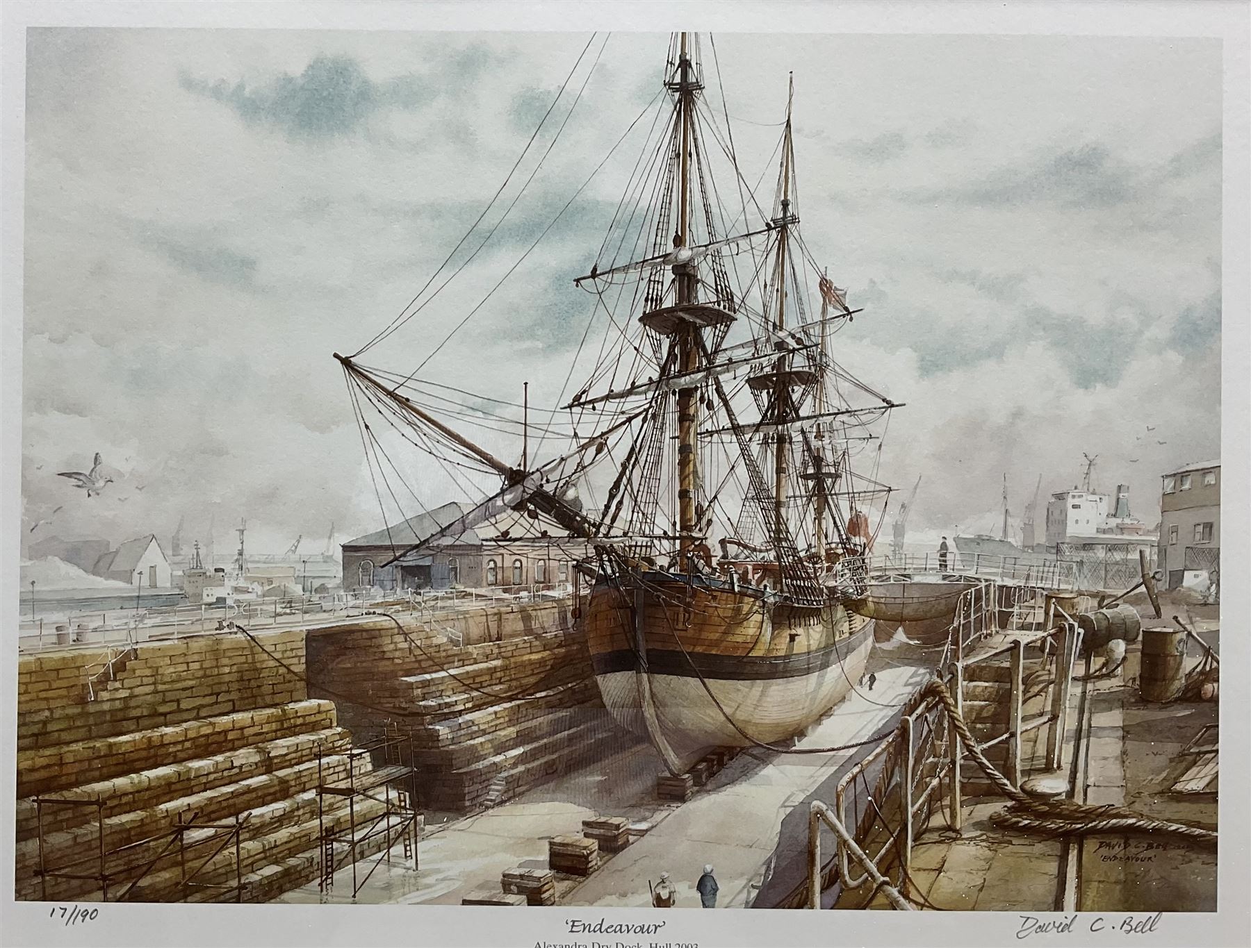David C Bell (British 1950-): 'The Endeavour in Alexandra Dry Dock - Hull 2003'