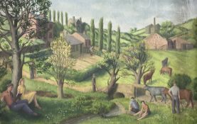 Modern British School (Mid 20th century): Figures in a Countryside Landscape with a Factory Beyond
