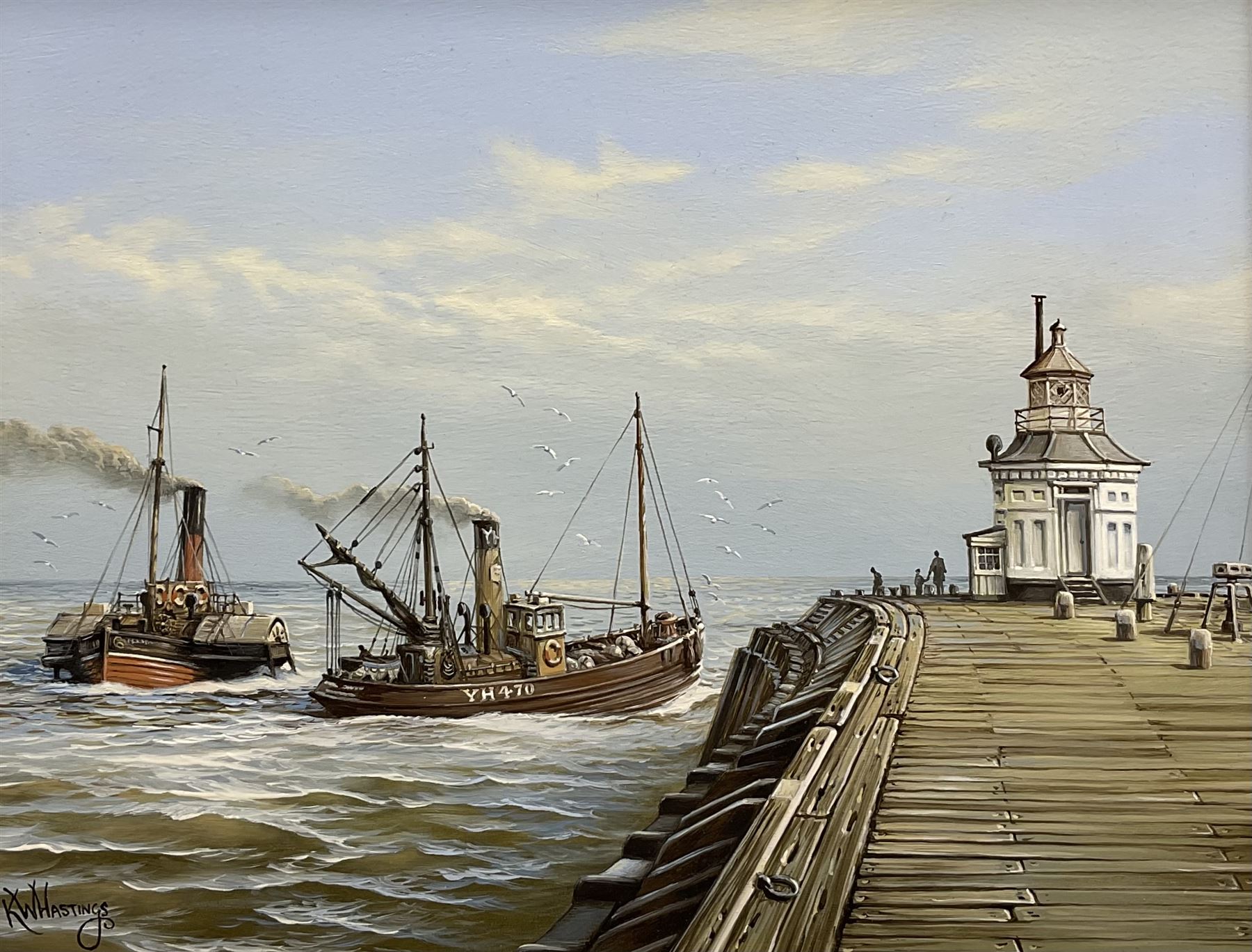 Keith W Hastings (British late 20th century): Steamers off Yarmouth Pier