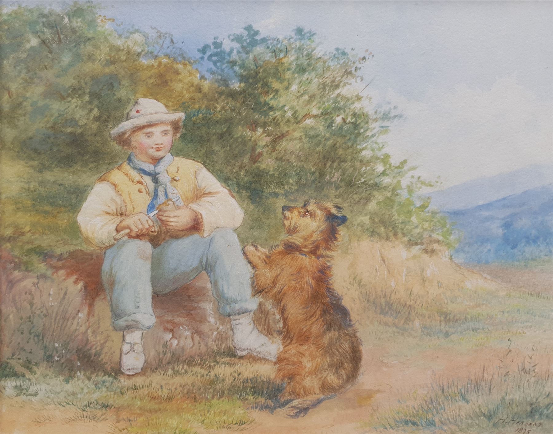 H Herbert (British 19th century): Boy Feeding his Terrier