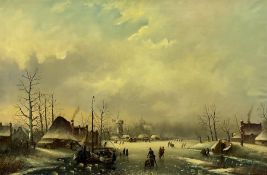 Foster (Dutch 20th century): Frozen River with a Church and Windmill Beyond