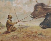 E K Pye (South African 20th century): Boy with Oxen