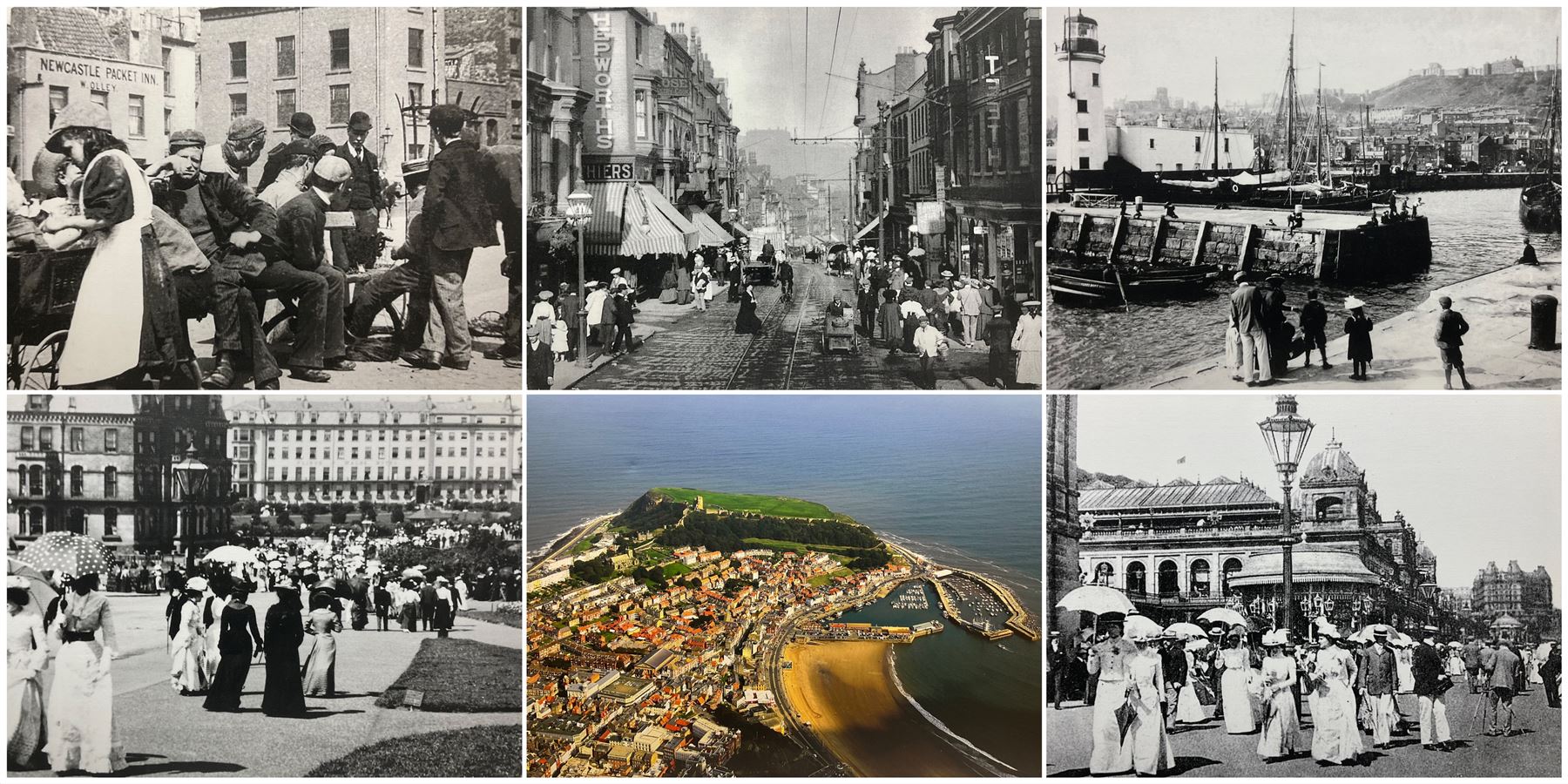 Set five black and white Victorian and later photograph prints of Scarborough on canvas together wit