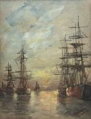 Edouard Adam (French 1847-1929): Masted Ships at Sunset