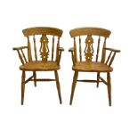 Pair beech farmhouse style elbow chairs