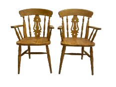Pair beech farmhouse style elbow chairs