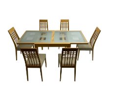Beech framed extending glass-top dining table and set six beech dining chairs