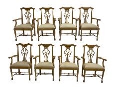 Set eight light oak Chippendale style carver dining chairs