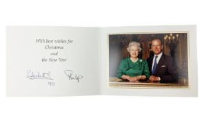 HM Queen Elizabeth II and HRH the Duke of Edinburgh - signed 1997 Christmas card with two gilt cyphe