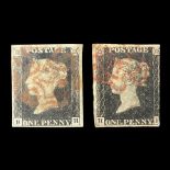 Two Great Britain Queen Victoria penny black stamps