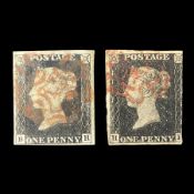 Two Great Britain Queen Victoria penny black stamps