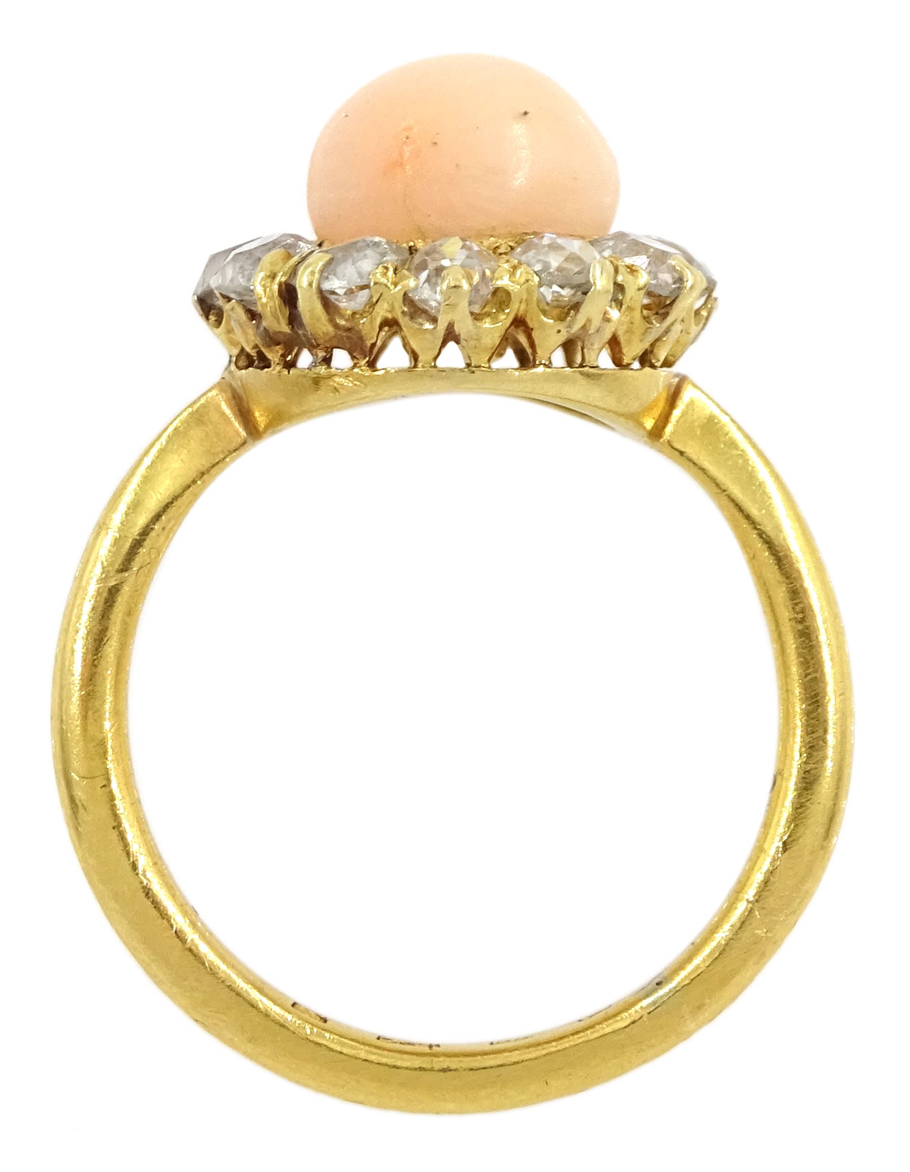 Early 20th century 22ct gold pink coral and old cut diamond cluster ring - Image 4 of 4