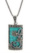 Silver turquoise and marcasite flower design pendant necklace