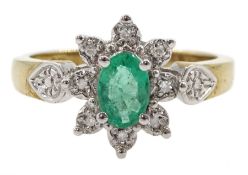 9ct gold oval emerald and diamond cluster ring