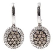 Pair of white gold round brilliant cut white and chocolate coloured diamond cluster pendant stud ear