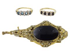 Pair of Art Deco gilt marcasite and black onyx pince-nez and two gold cubic zirconia stone set rings