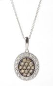 White gold round brilliant cut white and chocolate coloured diamond cluster pendant necklace by La V