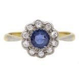Early 20th century 18ct gold round sapphire and milgrain set old cut diamond cluster ring