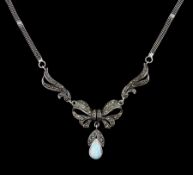 Silver pear shaped opal and marcasite bow design necklace