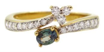 18ct gold oval green-purple alexandrite and round brilliant cut diamond crossover ring