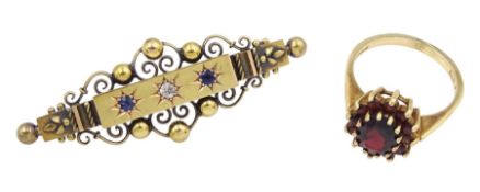 Victorian 15ct gold three stone diamond and sapphire brooch