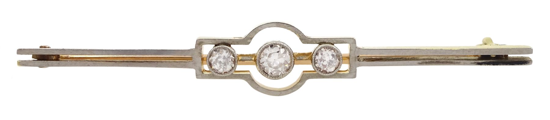 Art Deco 15ct gold and palladium three stone old cut diamond brooch