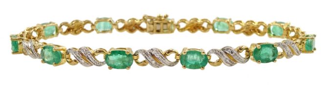 9ct gold oval emerald and diamond chip bracelet