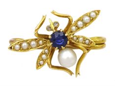 Early 20th century 15ct gold pearl and sapphire insect brooch