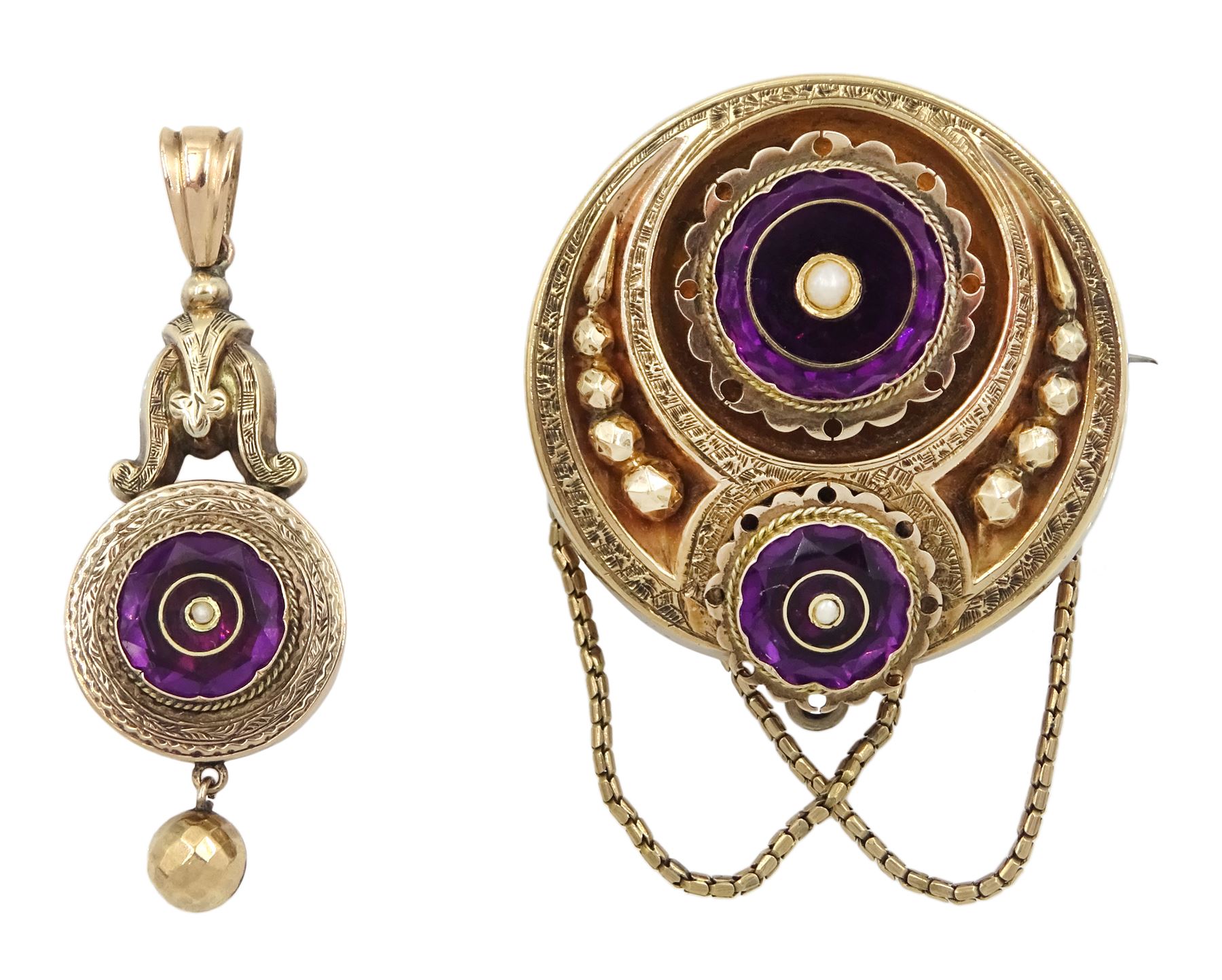 Victorian gold amethyst pendant and brooch with glazed back