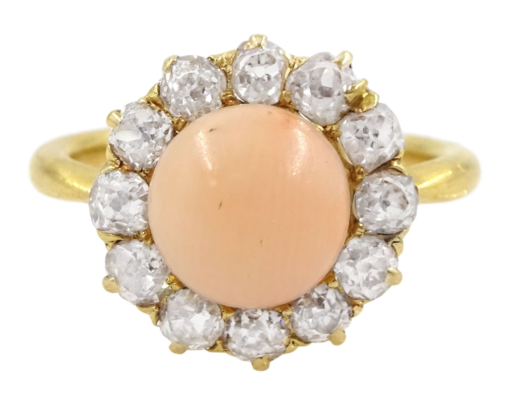 Early 20th century 22ct gold pink coral and old cut diamond cluster ring