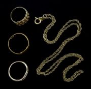 18ct gold signet ring and two 9ct gold rings and a 9ct gold necklace