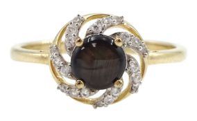 9ct gold black star sapphire and white zircon openwork flower head cluster ring
