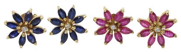 Pair of gold ruby and diamond flowerhead stud earrings and a pair of sapphire and diamond flowerhead