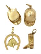 Three 9ct gold charms including boot