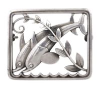 Silver double dolphin brooch designed by Arno Malinowski for Georg Jensen