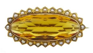 Edwardian gold oval citrine and split pearl brooch