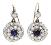 Pair of early 20th century 18ct white gold rose cut diamond and synthetic sapphire domed circular ea
