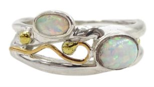 Silver and 14ct gold wire two stone opal openwork ring
