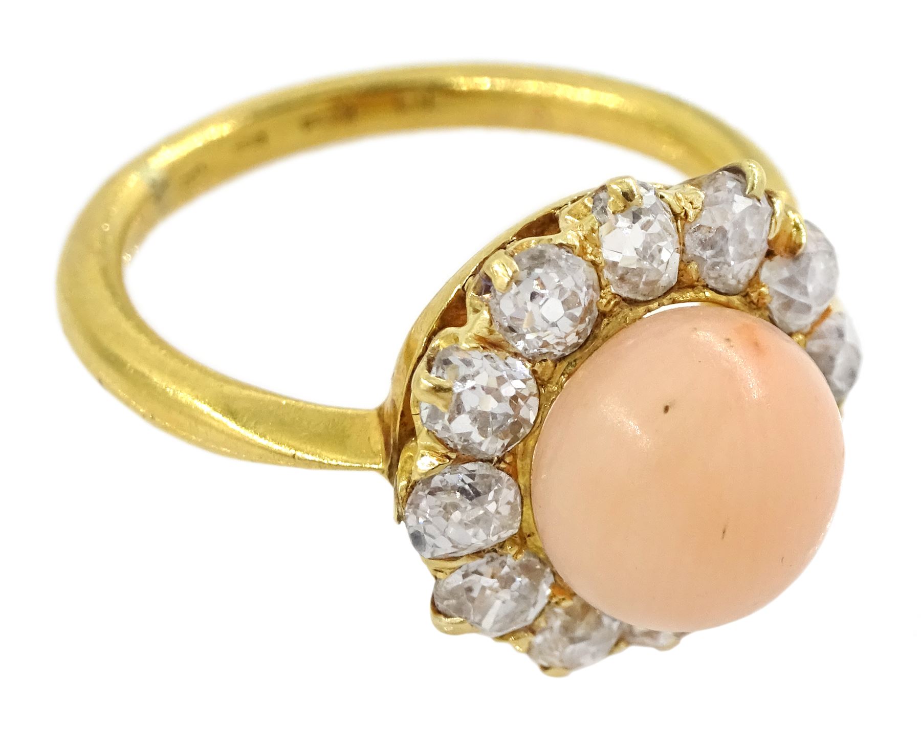 Early 20th century 22ct gold pink coral and old cut diamond cluster ring - Image 3 of 4