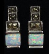 Pair of silver rectangular opal and marcasite stud earrings