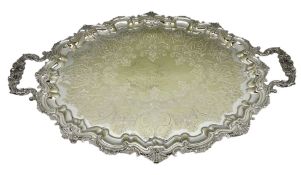 large twin-handled tray with scrolling border decorated shells