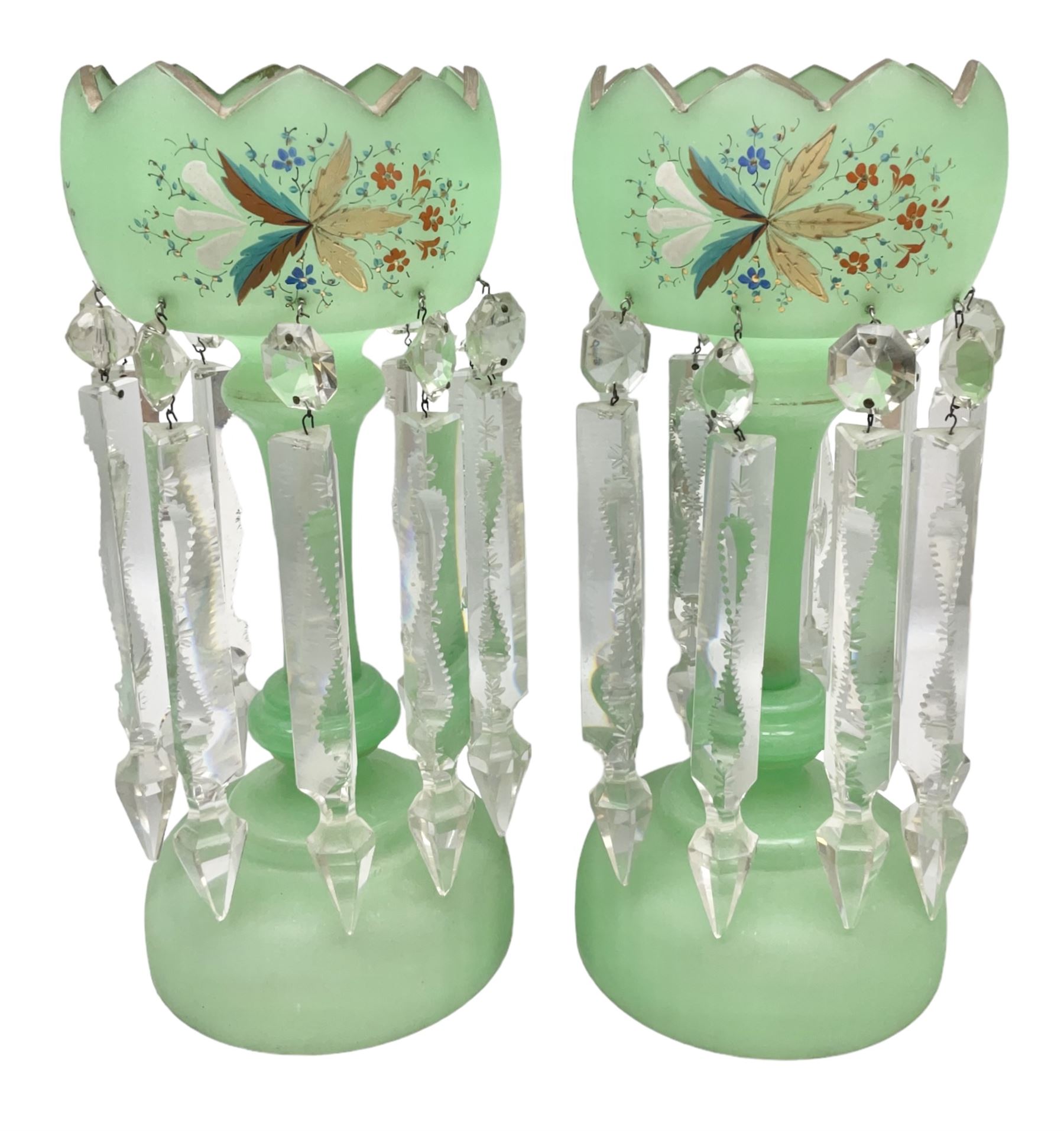 Pair of bohemian green glass lustres