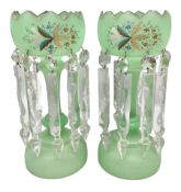 Pair of bohemian green glass lustres