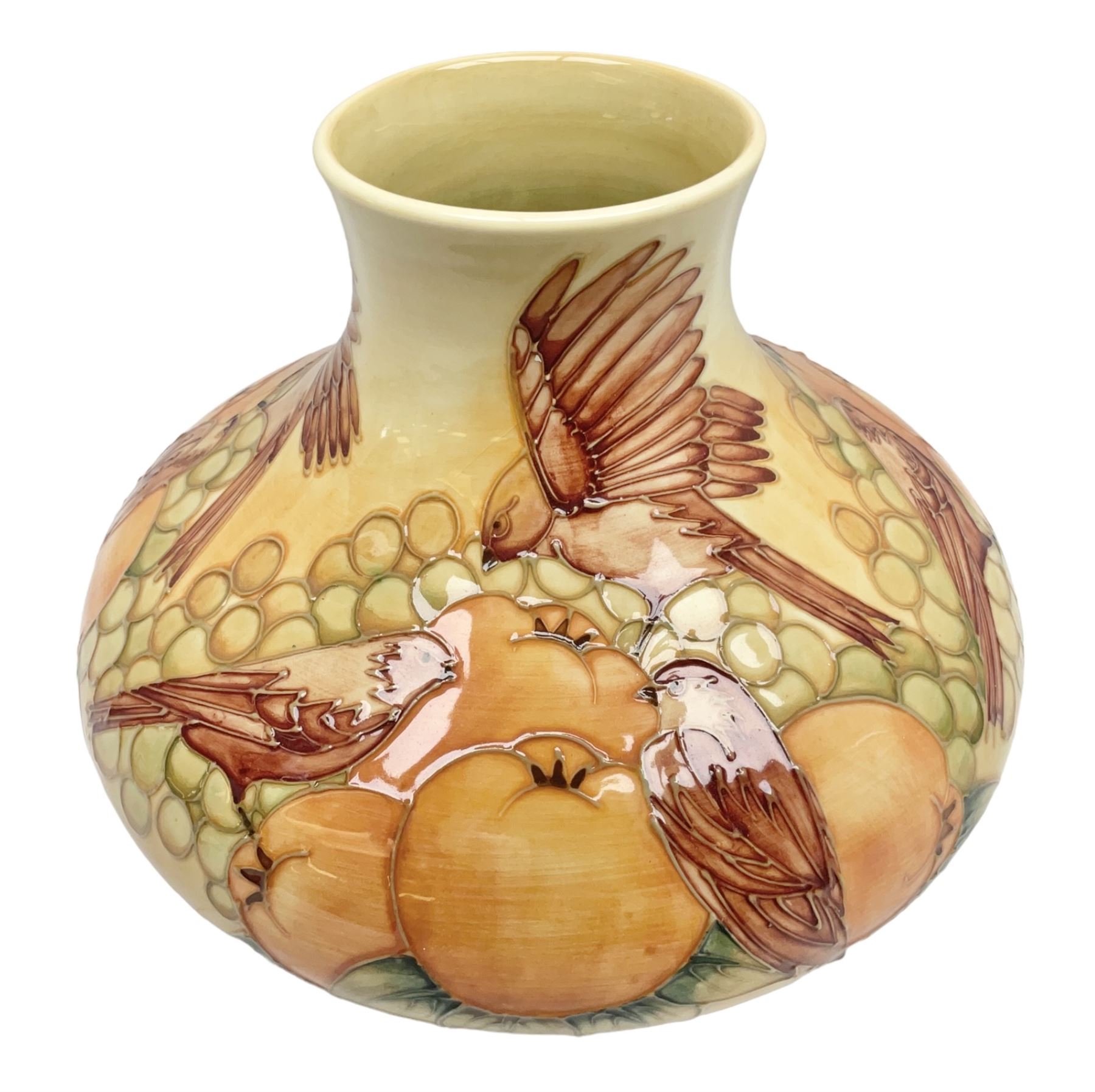 20th Century Moorcroft Finches pattern vase of squat form