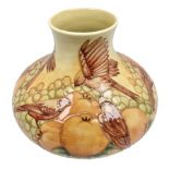 20th Century Moorcroft Finches pattern vase of squat form