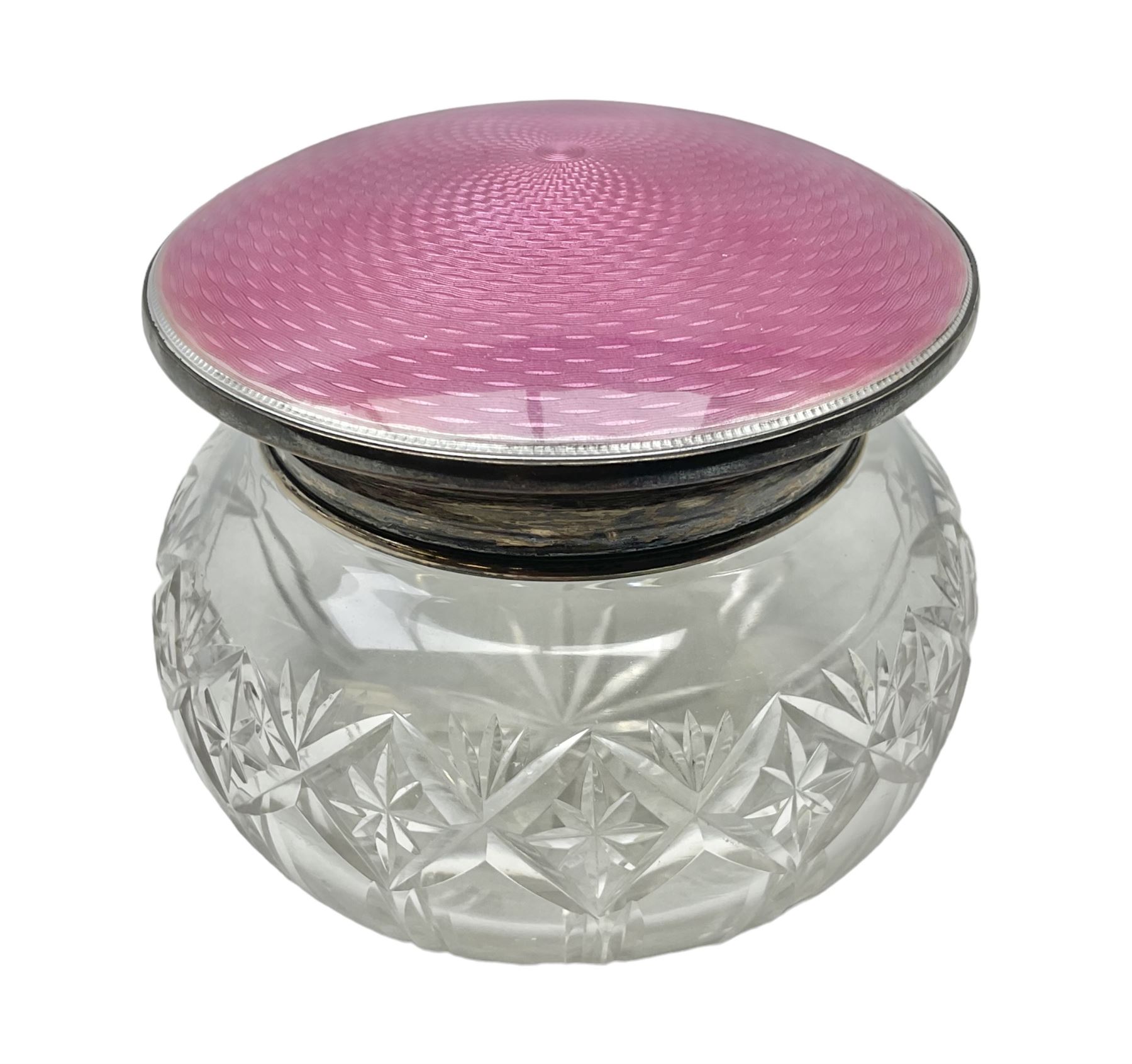 Art Deco guilloche enamelled silver and glass dressing table jar