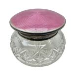 Art Deco guilloche enamelled silver and glass dressing table jar