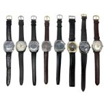 Two automatic wristwatches including Tara and Helbros and six manual wind wristwatches including Mem